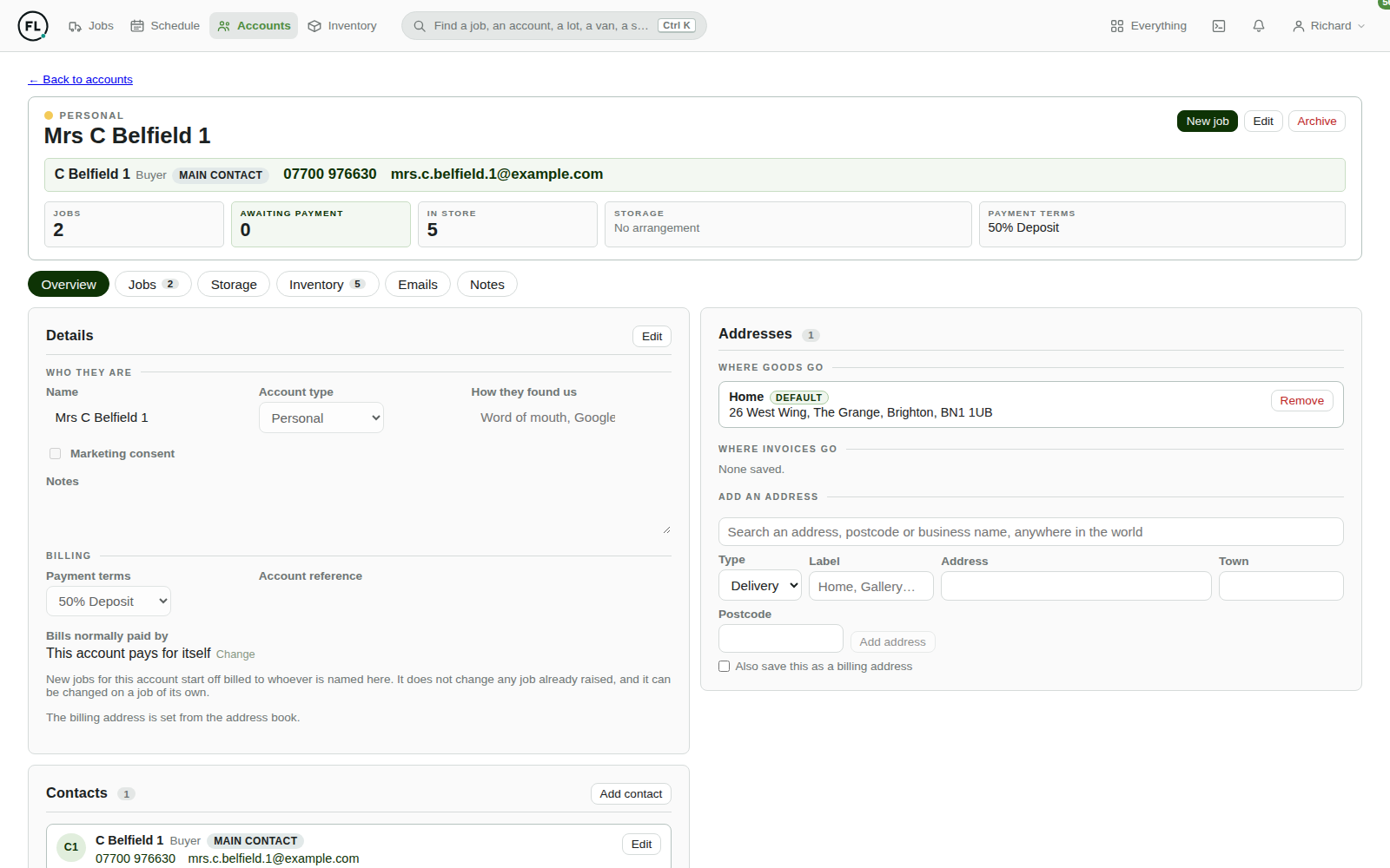 A customer account page showing job and inventory counts, payment terms, the contact list and saved addresses.
