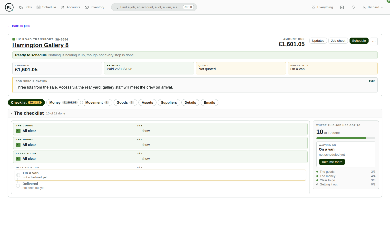 A job page showing the amount due, whether it is paid and quoted, and a checklist marking which steps are still outstanding.