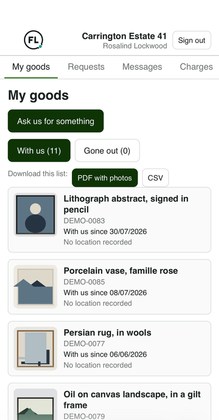 The customer portal on a phone, listing the goods held for an account: each piece with its photograph, its reference and the date it came into store.