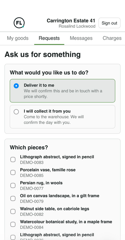 The customer portal on a phone, asking whether the client would like the goods delivered or will collect them, and which pieces they want.