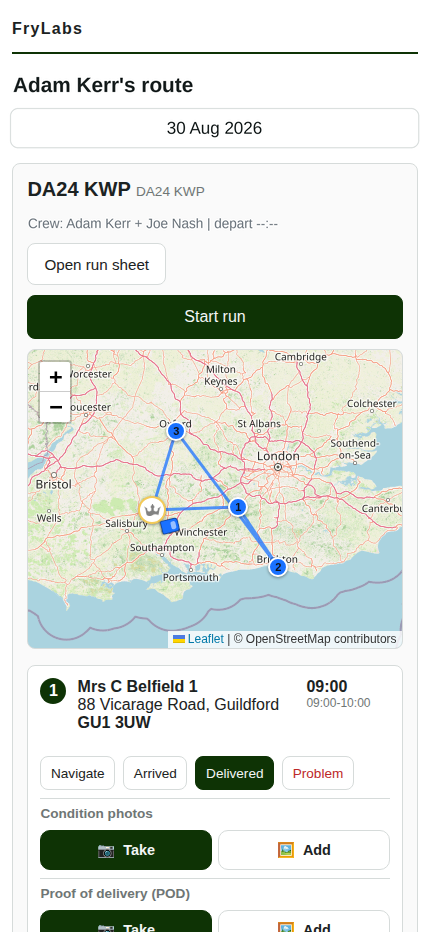 A driver's run on a phone: the vehicle and crew, a Start run button, a map of the day's stops and the first drop with its arrival window.