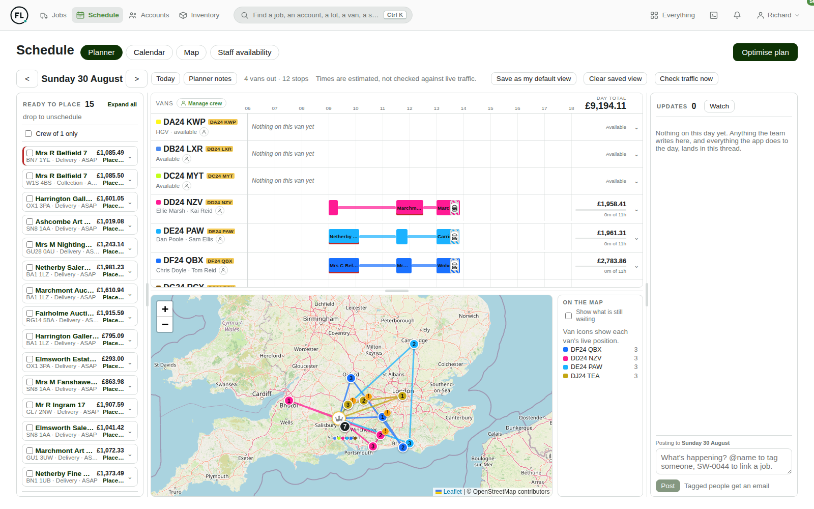 The scheduling screen: four vans loaded for the day with named crews, job bars along a timeline, revenue per van and a map of the routes.