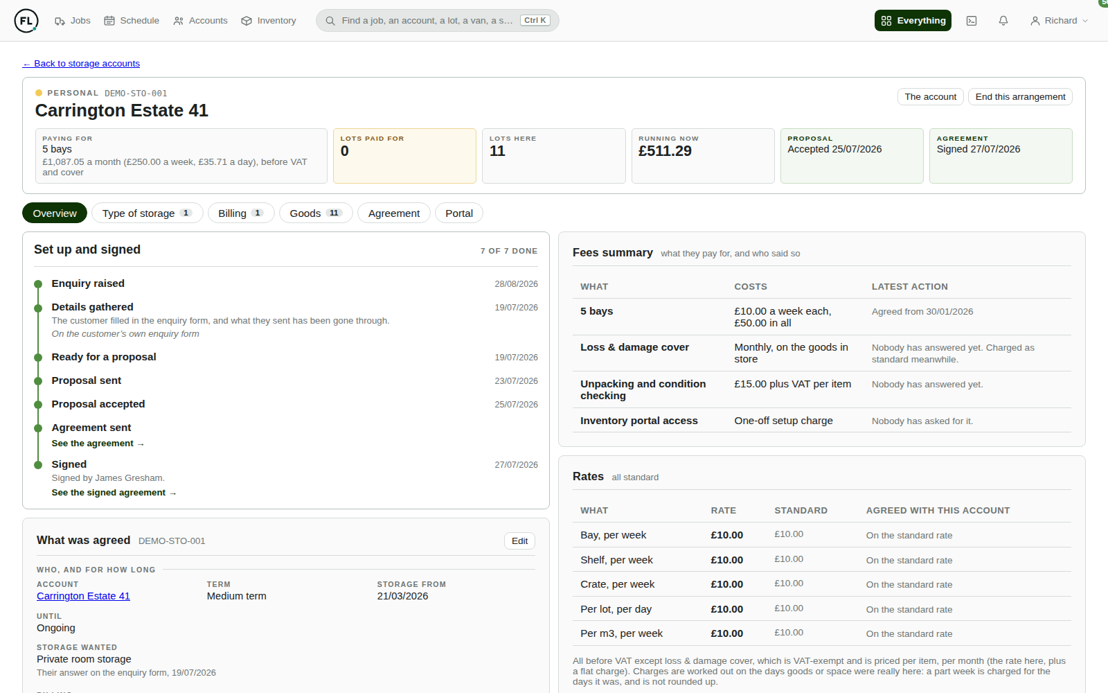 A storage agreement showing its setup checklist, the services taken, the charge lines and the rates agreed with that account.